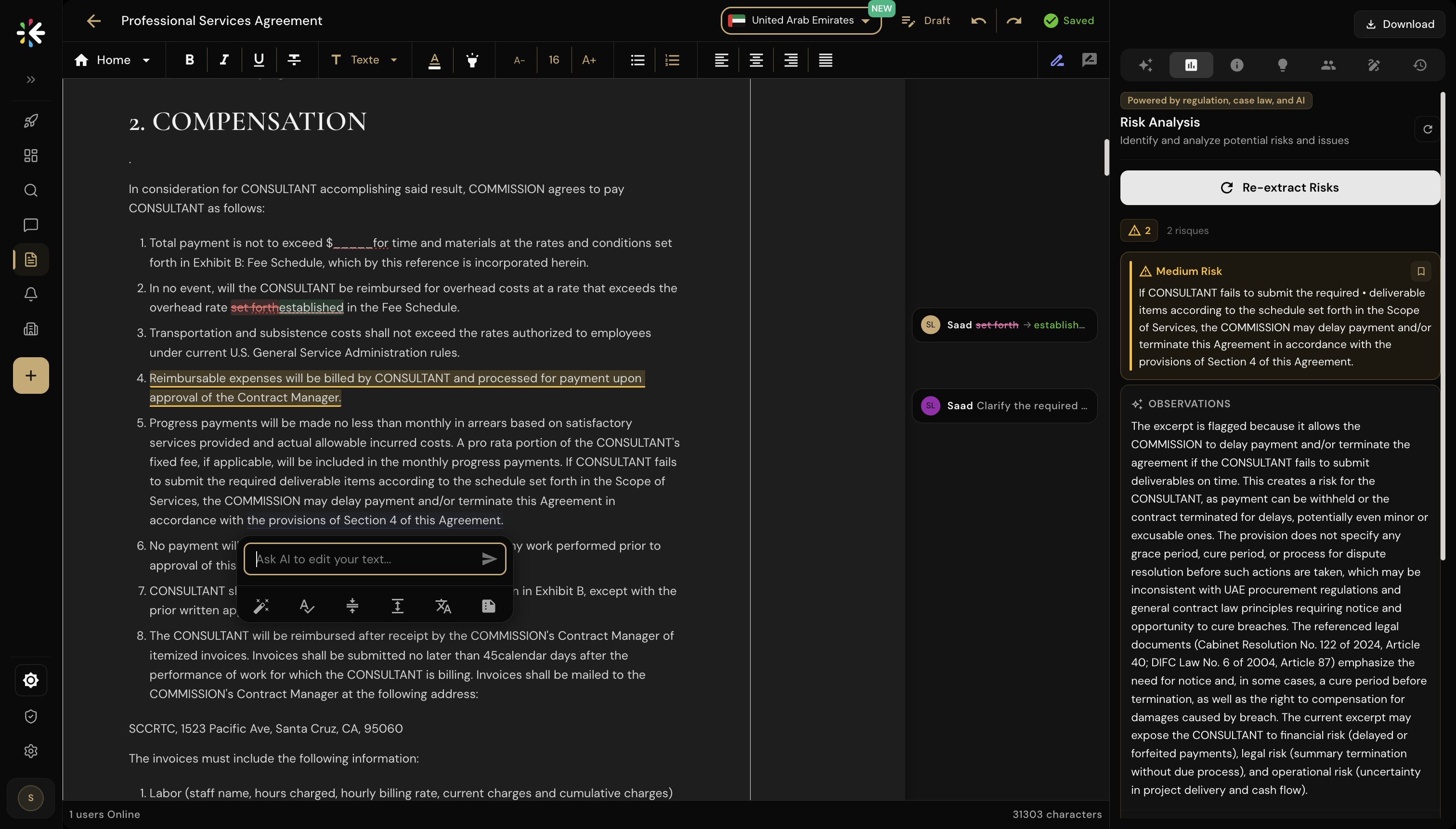 Lawis contract workspace with inline suggestions and activity panel